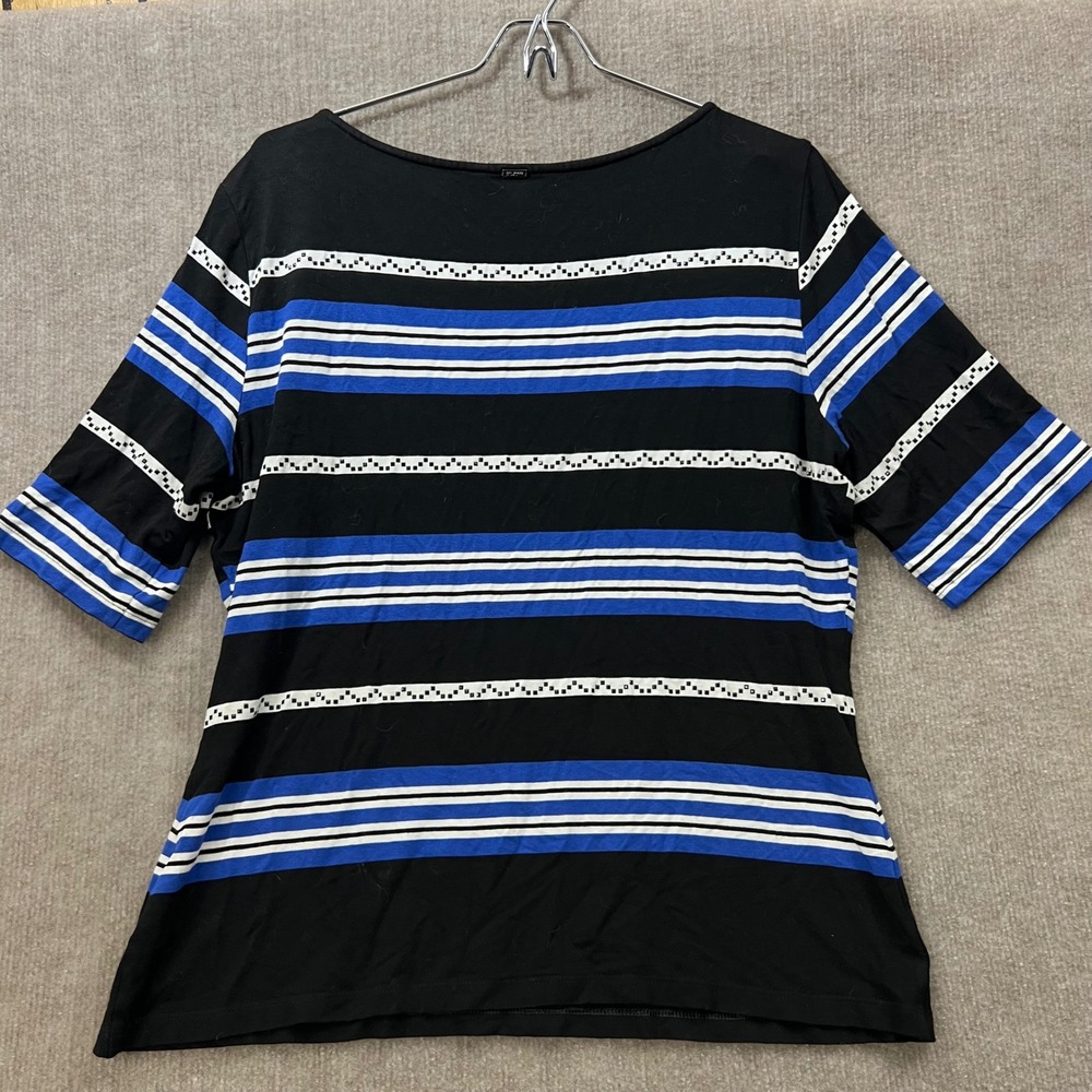 ST JOHN Black Blue White Striped Short Sleeve Top Shirt Womens Size L